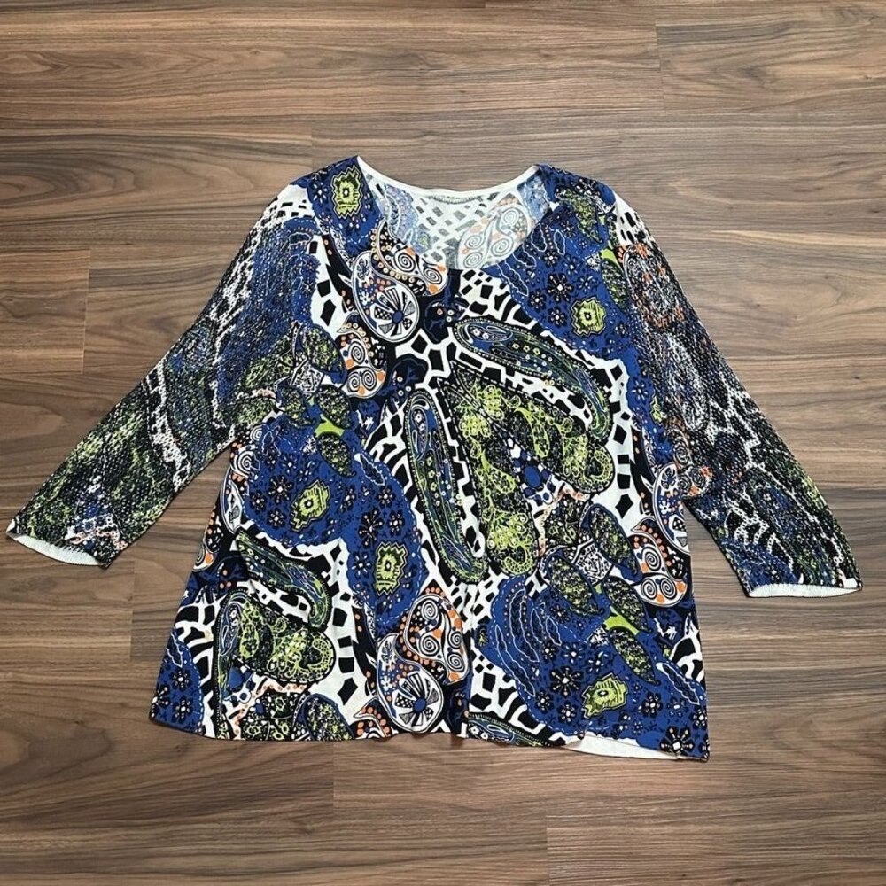 Nvgard Collection Women's Blouse 2XL Beaded Blue Green White Paisley